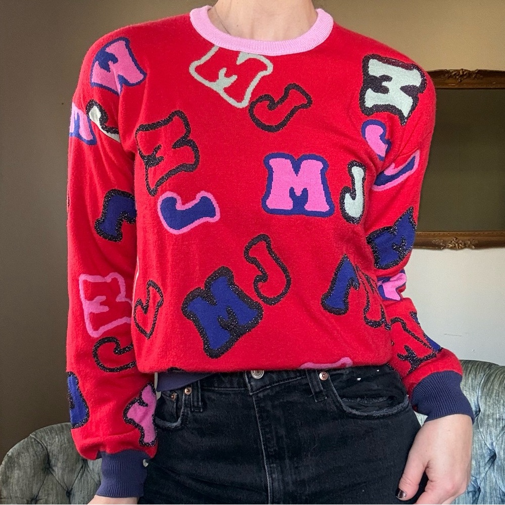 Marc Jacobs Graphic Knit Sweater Red Pink Crewneck XS Small NWT Logo